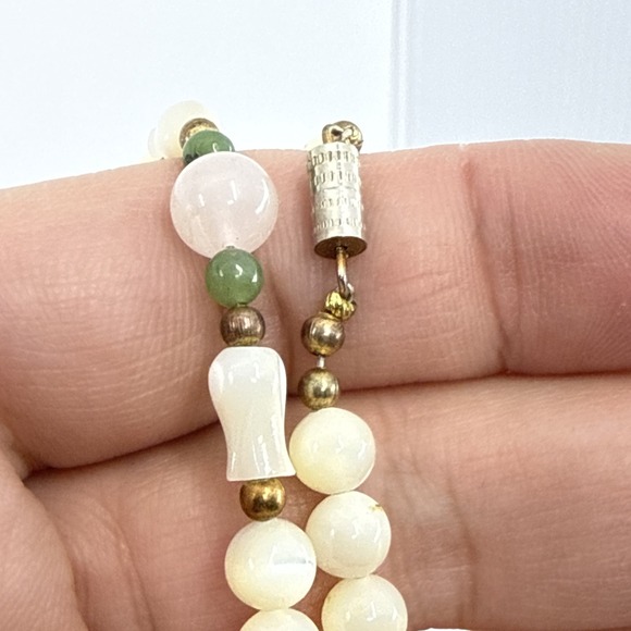 Vtg Rose Quartz & Frosted Glass Necklace Tulip Beads Marbled Barrel Clasp 30" - Picture 4 of 7